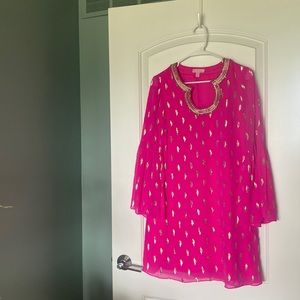 Lilly Pulitzer Amory Silk Razberry Diamond Metallic Clip Dress